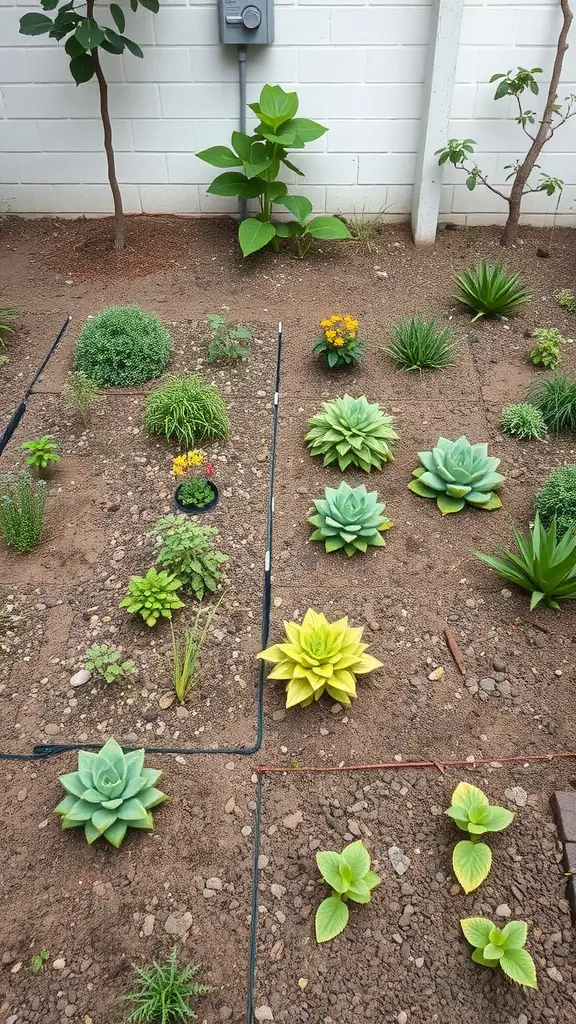 Square foot gardening layout with various plants arranged in squares