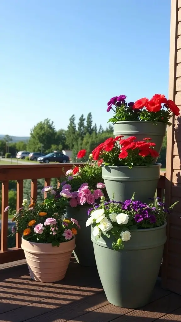 15 Creative DIY Deck Planter Ideas to Enhance Your Outdoor Space 8 Stacked planters with colorful flowers on a deck
