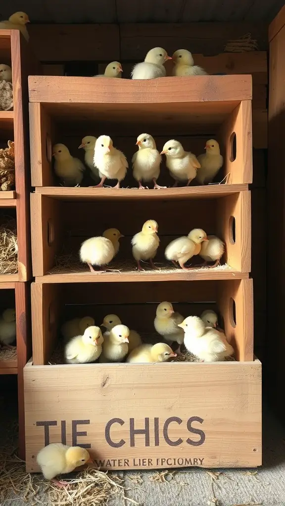 A stacked arrangement of wooden boxes containing fluffy yellow chicks in a brooder.