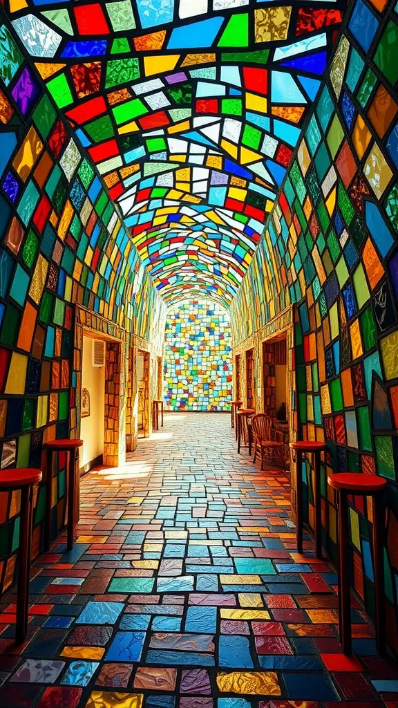 A vibrant mosaic pathway resembling stained glass, with colorful tiles and a lively atmosphere.