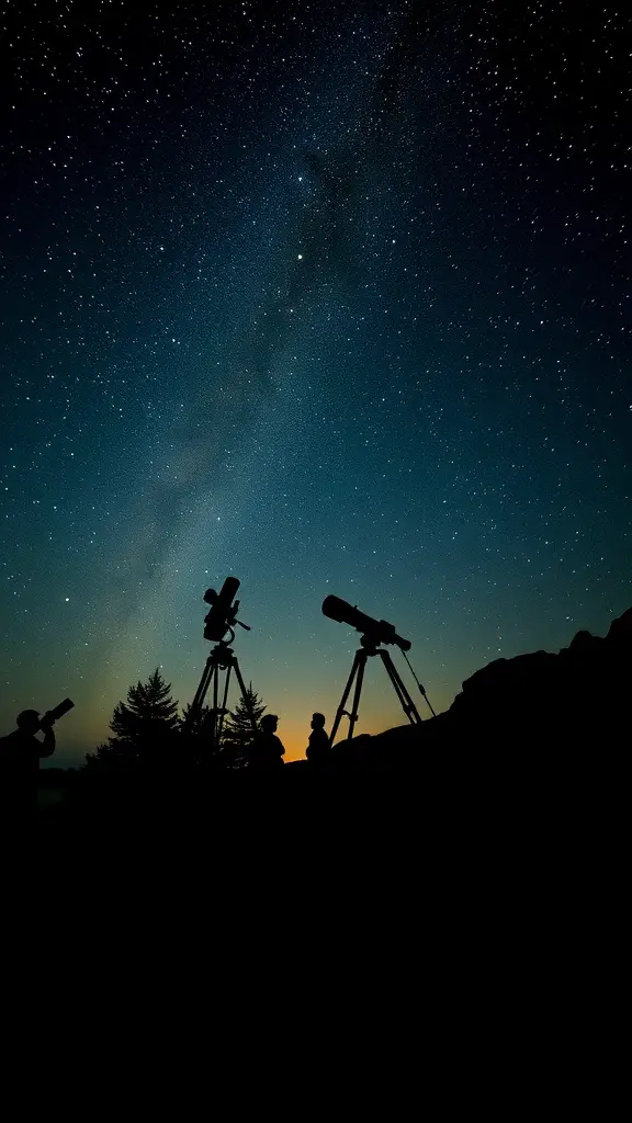 21 Must-Do Summer Bucket List Ideas for Your Best Season Yet 17 Silhouettes of people observing stars through telescopes at an observatory under a starry sky.