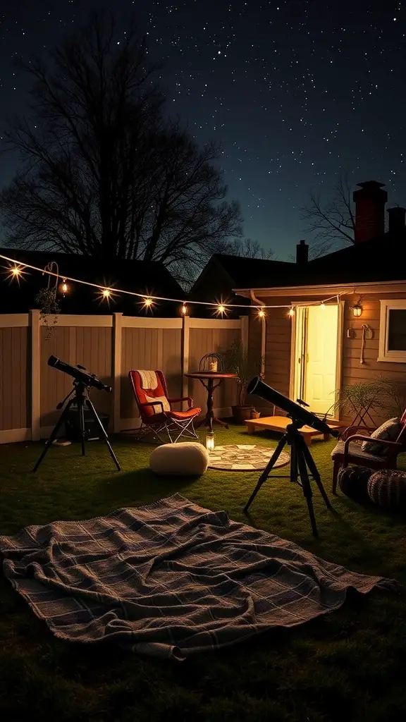 A backyard stargazing setup with telescopes, a blanket, string lights, and a cozy chair.