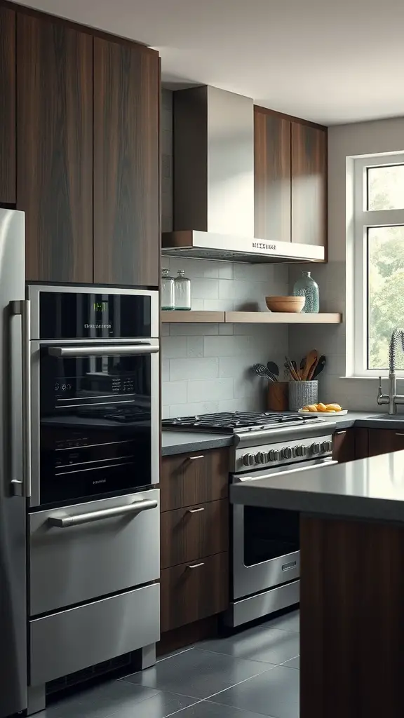 A modern kitchen featuring sleek appliances with a combination of dark wood cabinets and stainless steel finishes.