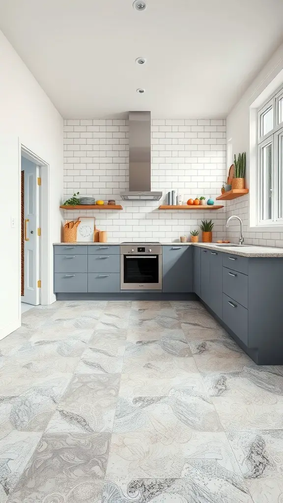 Contemporary kitchen with patterned flooring and gray cabinets