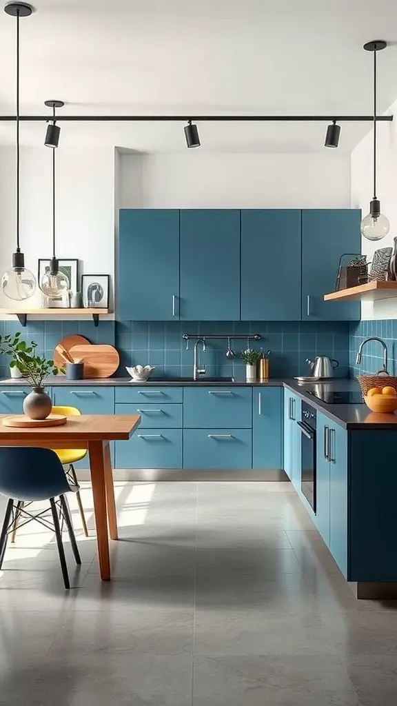 A modern kitchen featuring steel blue cabinets and backsplash with wooden elements and colorful chairs.