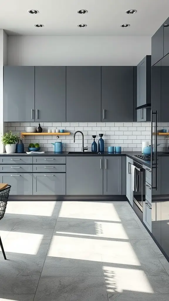 A modern kitchen featuring steel gray cabinets and electric blue decor accents.