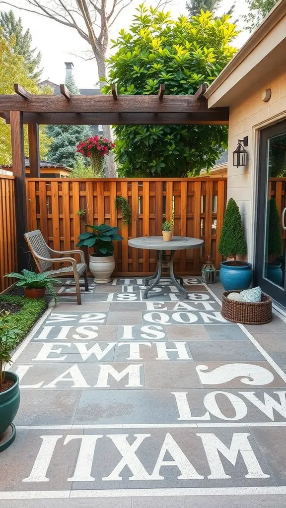 A stenciled patio with playful text and designs, surrounded by plants and a wooden fence.