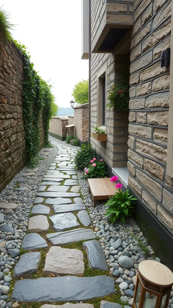 27 Stunning Stone Pathway Ideas for Your Garden Walkways 9 A stone pathway bordered with pebbles and plants, leading through a narrow garden space.