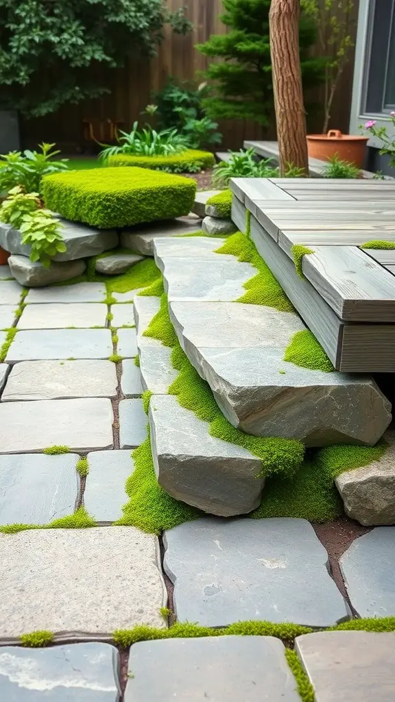 21 Creative Deck Step Ideas to Enhance Your Outdoor Space 17 Stone paver steps surrounded by moss and greenery, leading to a deck in a garden setting.