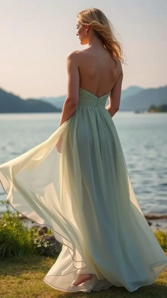 21 Stylish Summer Wedding Guest Dress Ideas to Make You Shine 11 Woman wearing a strapless chiffon evening dress outdoors near the water