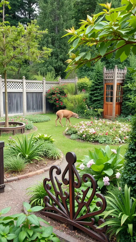 13 Creative Deer Resistant Landscaping Ideas for Your Garden 9 A garden with a deer grazing near a wooden fence surrounded by flowers and greenery.