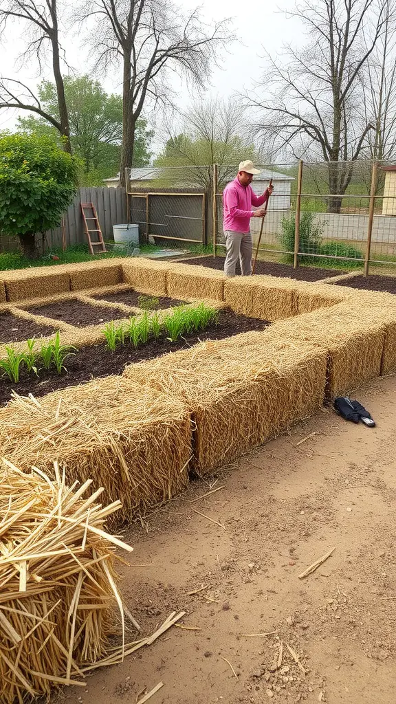 A person working in a straw bale garden bed, surrounded by bales and growing plants.