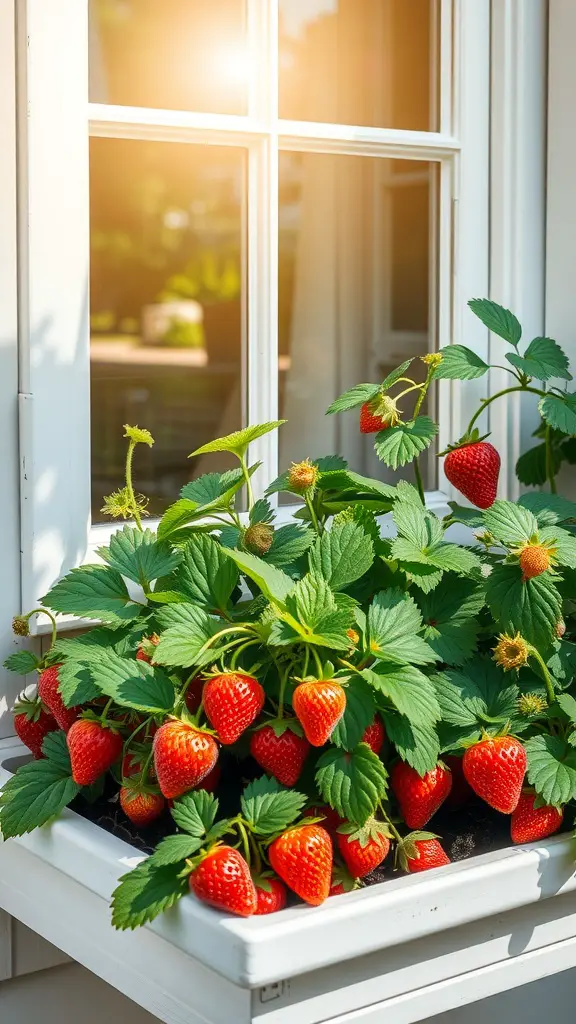 21 Stunning Full Sun Window Box Ideas for Your Garden 10 A window box filled with ripe strawberries and green leaves, illuminated by sunlight.