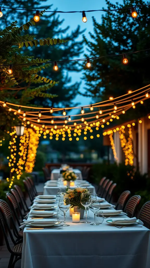 27 Creative Mother’s Day Decor Ideas to Celebrate Mom 25 Outdoor setting with string lights illuminating tables set for a festive dinner.