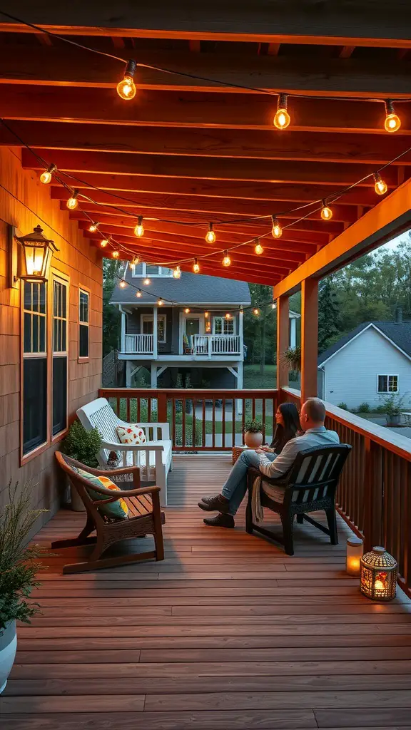 15 Creative Under Deck Lighting Ideas for Your Outdoor Space 16 A couple enjoying a cozy evening on a deck with string lights above.