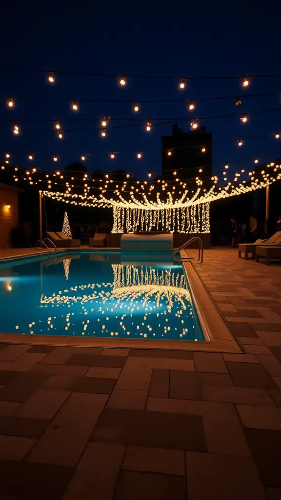 Pool deck with string lights illuminating the area at night.