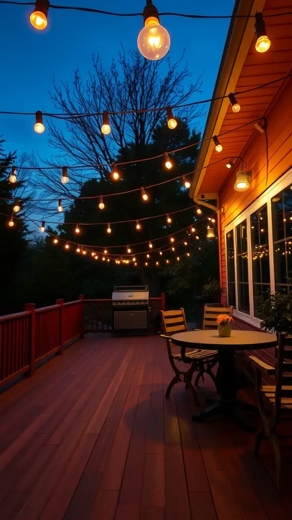 15 Inspiring Outdoor Deck Decorating Ideas to Transform Your Space 10 A cozy outdoor deck adorned with string lights, showcasing a warm atmosphere for evening gatherings.