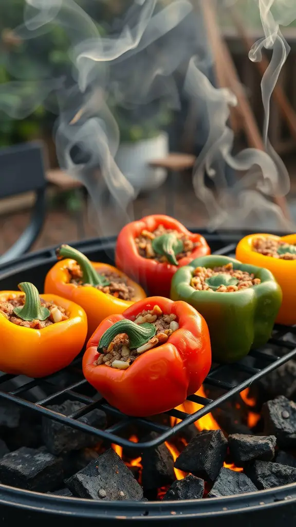 Colorful stuffed bell peppers grilling with steam rising