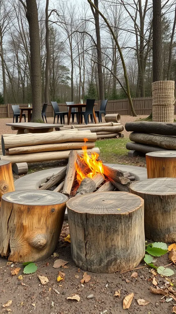 A rustic fire pit area featuring wooden stumps arranged around a fire, set in a natural environment.