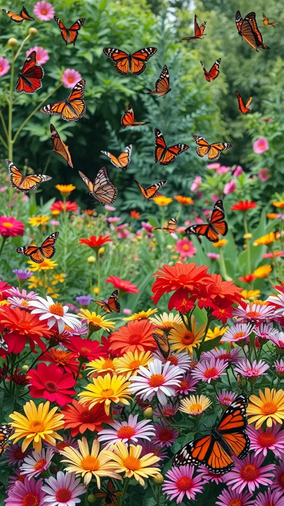 A colorful butterfly garden with various flowers and butterflies flying around.