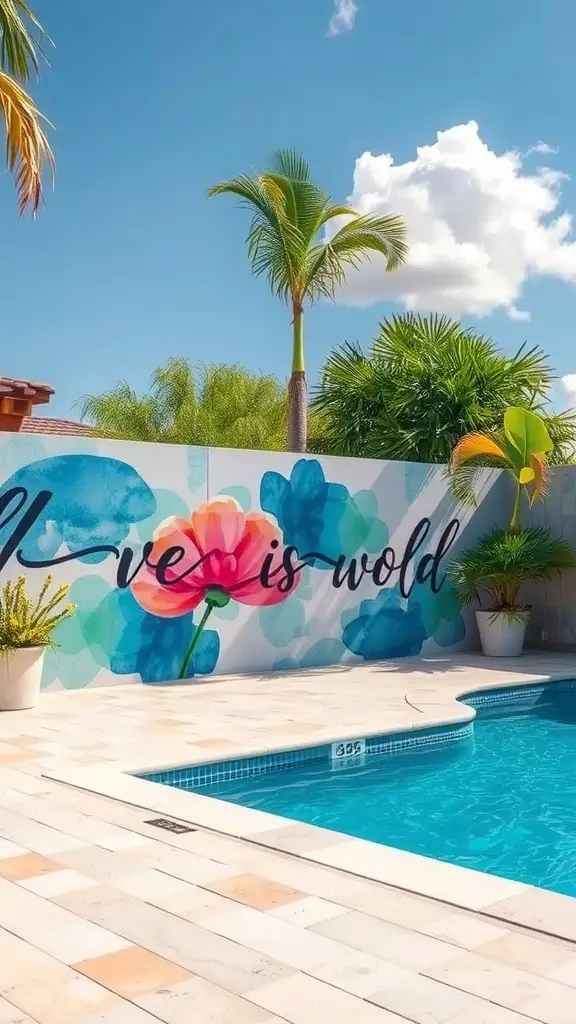 A vibrant watercolor mural featuring a flower and the words 'Love is Wild' on a pool deck