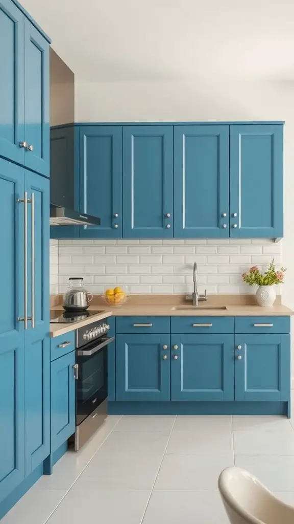 Stylish blue wall cabinets in a modern kitchen with a light countertop and decorative elements