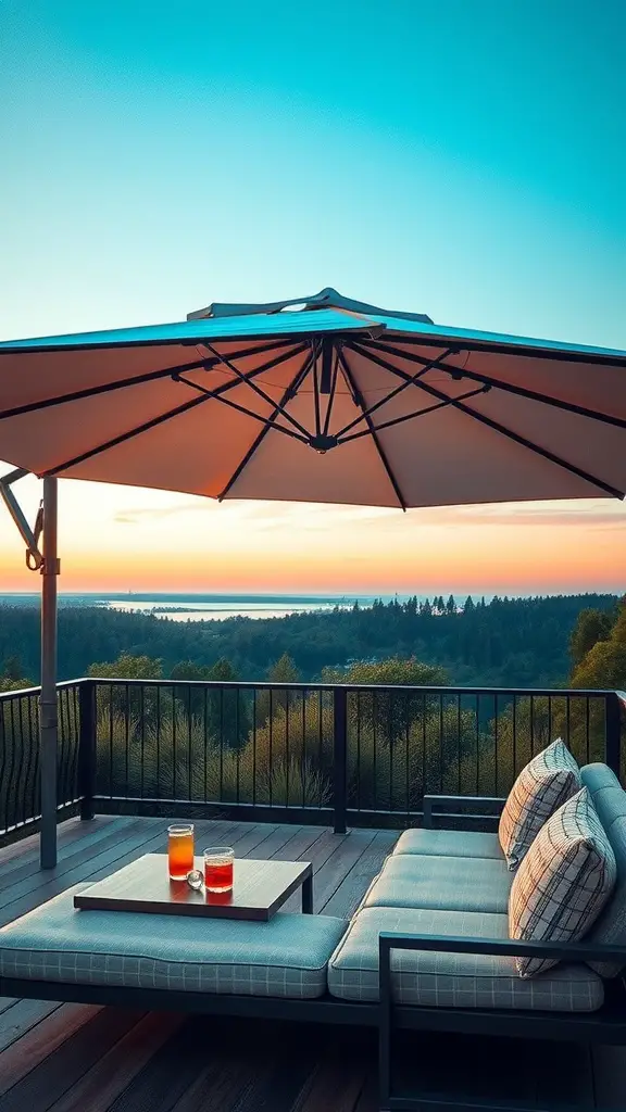25 Stunning Deck Furniture Ideas for Your Outdoor Oasis 15 A stylish cantilever umbrella over a seating area on a deck with drinks and a sunset view