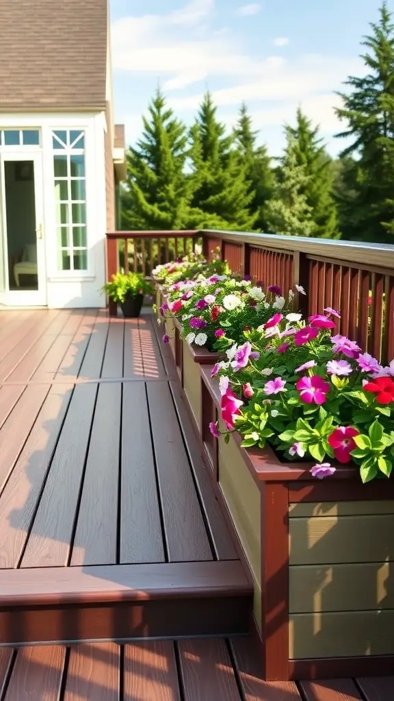 15 Stunning Composite Deck Ideas for Your Outdoor Space 8 A stylish composite deck with colorful flower planters along the railing.