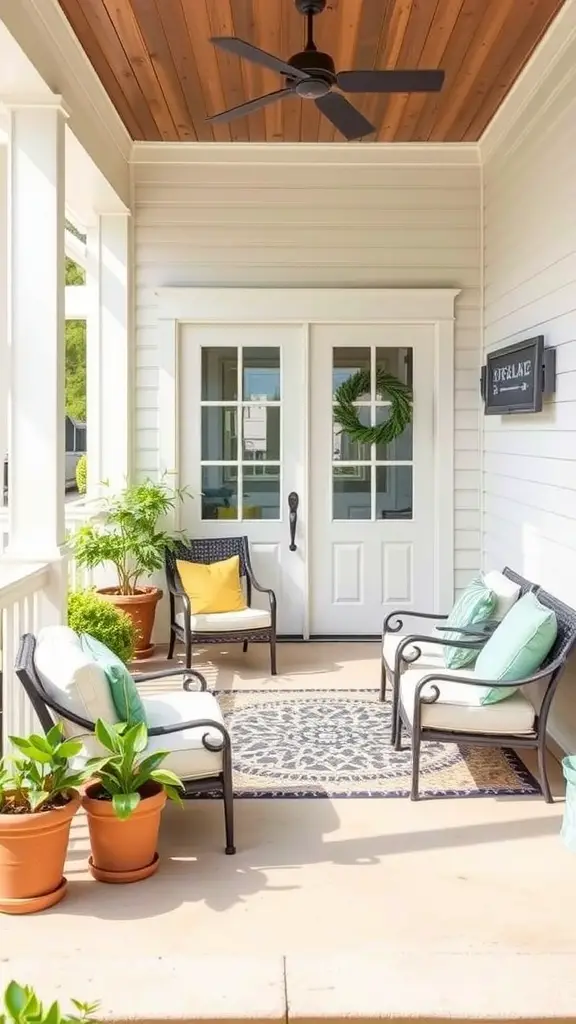 19 Stunning Front Porch Inspiration Ideas for Your Home 17 Stylish front porch with chairs, cushions, plants, and a ceiling fan