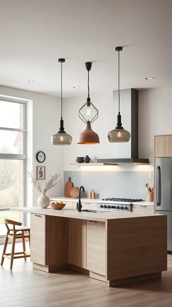 A Scandinavian kitchen with stylish pendant lighting fixtures above a wooden island.