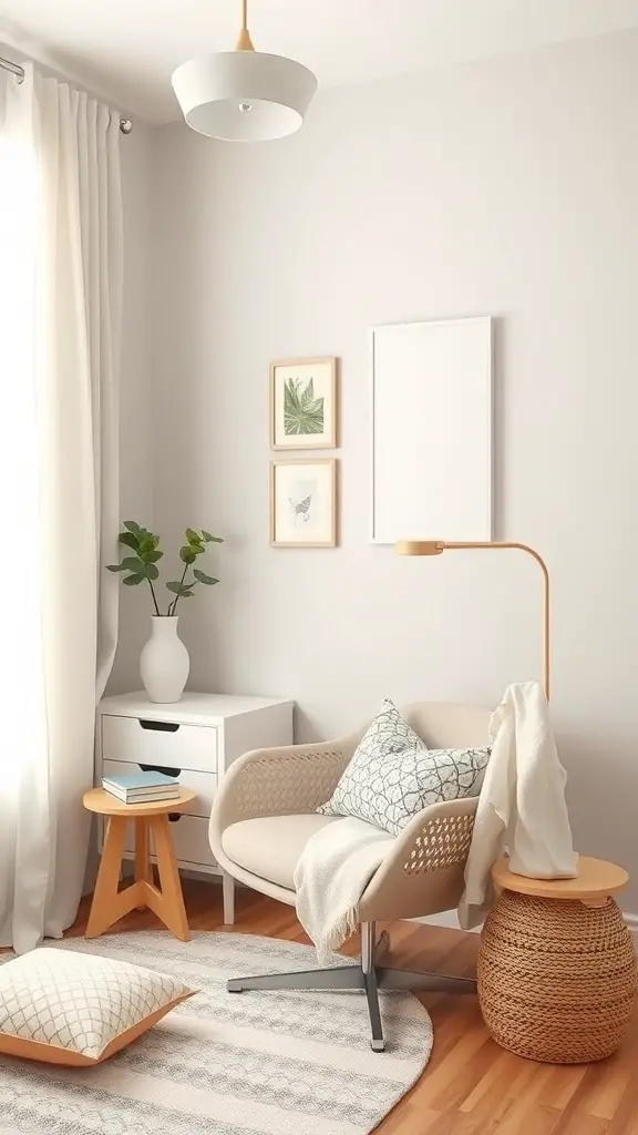 A stylish nursing nook featuring a modern chair, decorative pillows, side tables, and calming wall art.