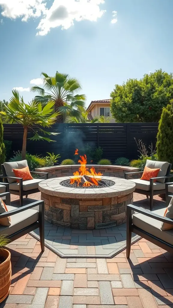 Outdoor fire pit with seating arrangement and palm trees