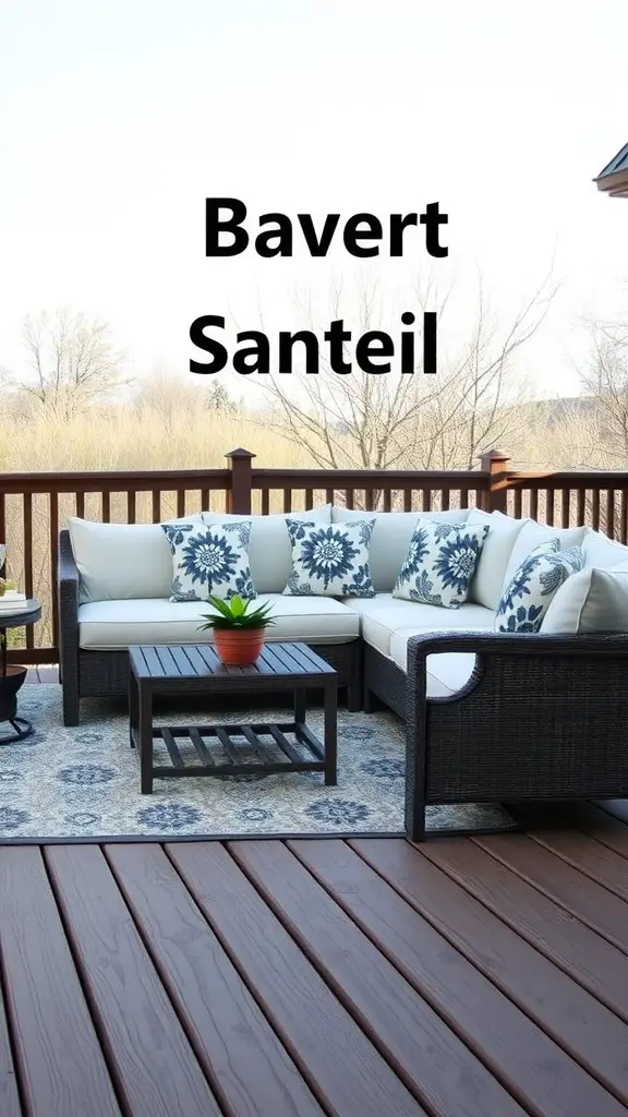 25 Stunning Deck Furniture Ideas for Your Outdoor Oasis 5 Stylish outdoor sectional sofa with cushions and a coffee table on a deck.