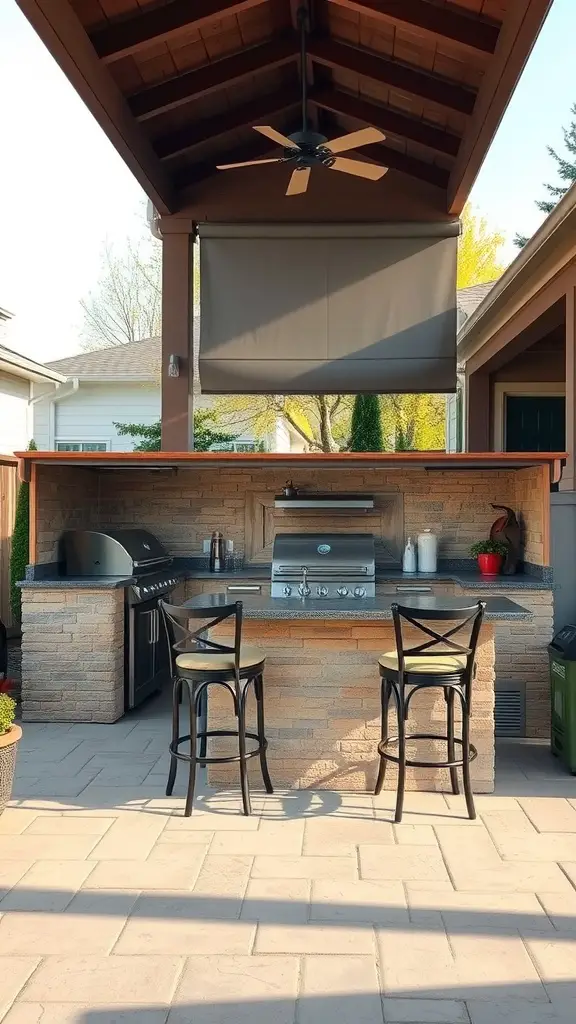 An outdoor kitchen with a grill and seating area under a covered patio.