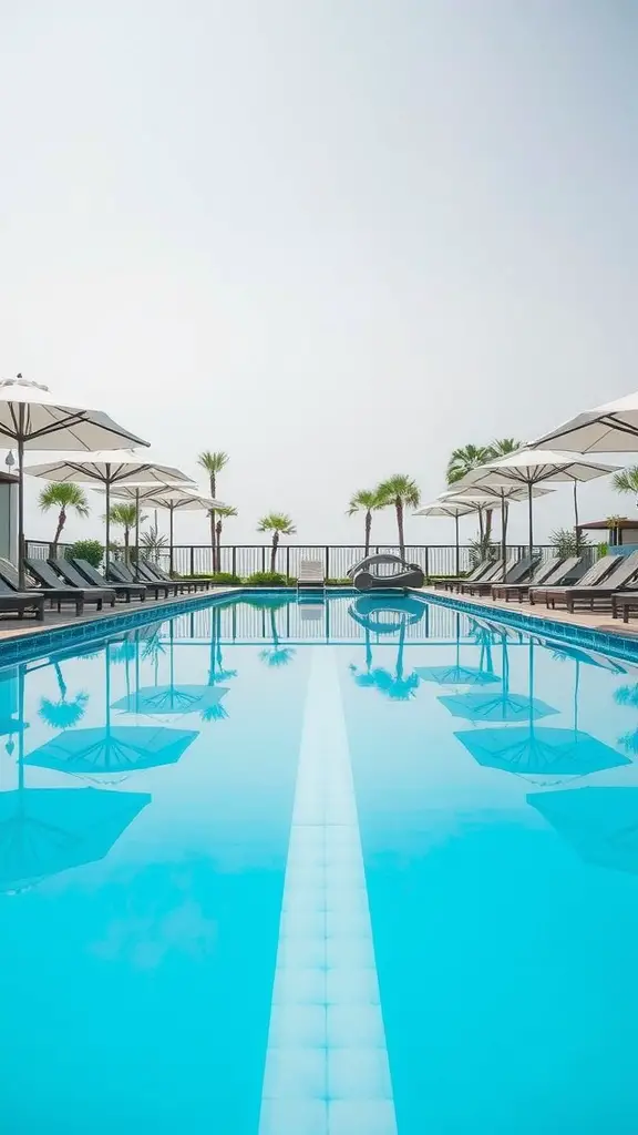 A tranquil pool scene with white umbrellas and green palm trees.