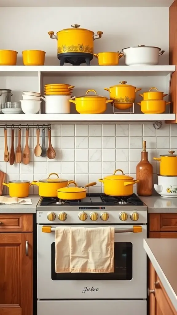 A kitchen with yellow cookware arranged on shelves and a stove, featuring wooden cabinetry and utensils.