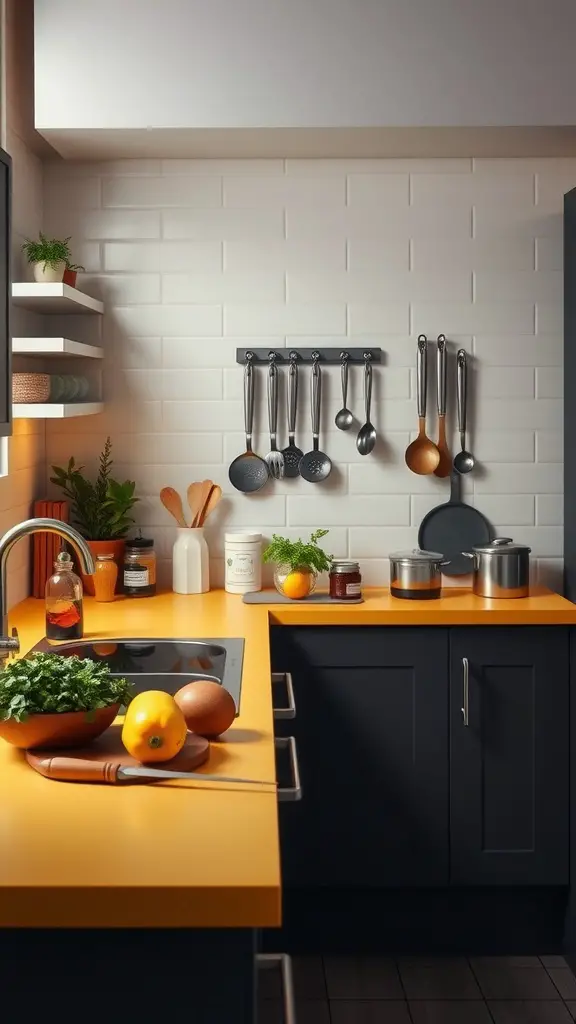 A modern kitchen with a vibrant yellow countertop, dark cabinets, and plant accents.