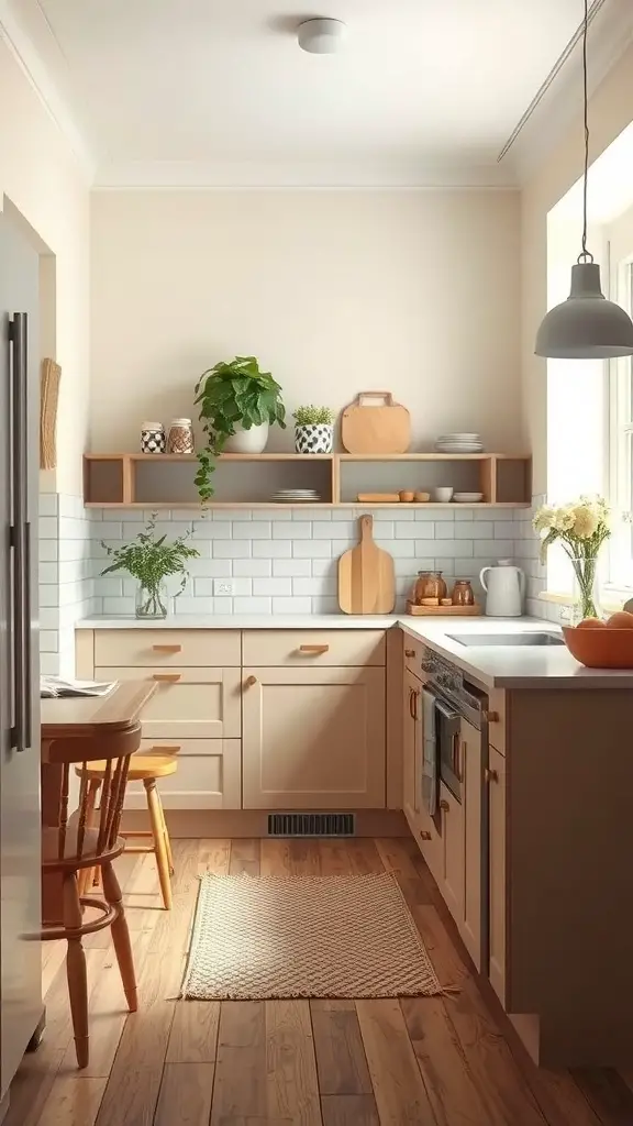 A Scandinavian kitchen featuring subtle earthy colors, natural wood tones, and plants.