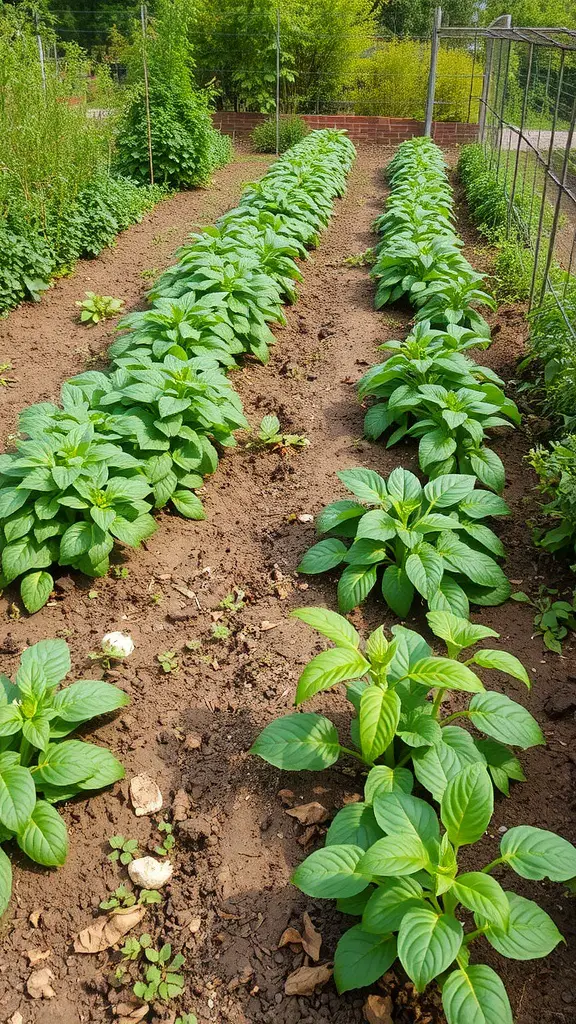 A kitchen garden showcasing rows of healthy green plants in neat organization.