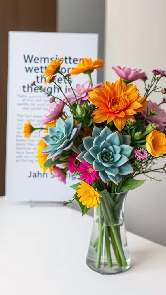 21 Stunning Spring Wedding Bouquet Ideas You’ll Love 17 A colorful bouquet featuring succulents and various flowers, including orange, pink, and yellow blooms.