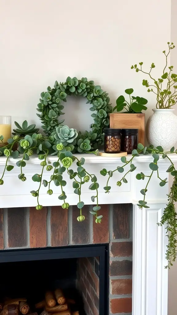 A decorative mantel with a succulent garland and decorative items.