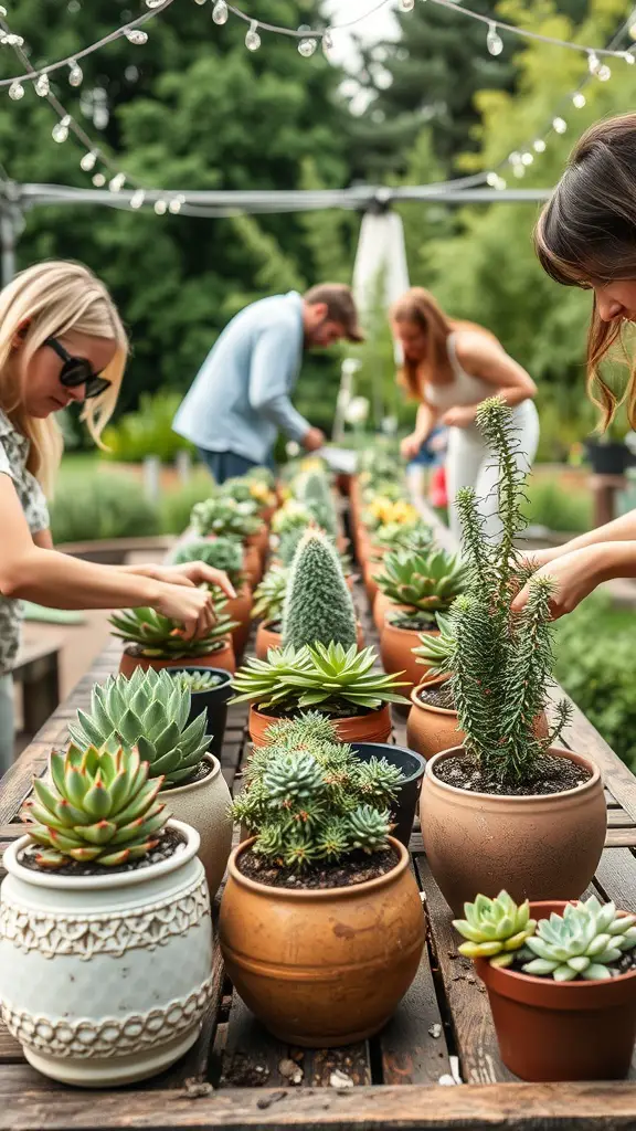 A group of friends planting succulents in pots at a garden party