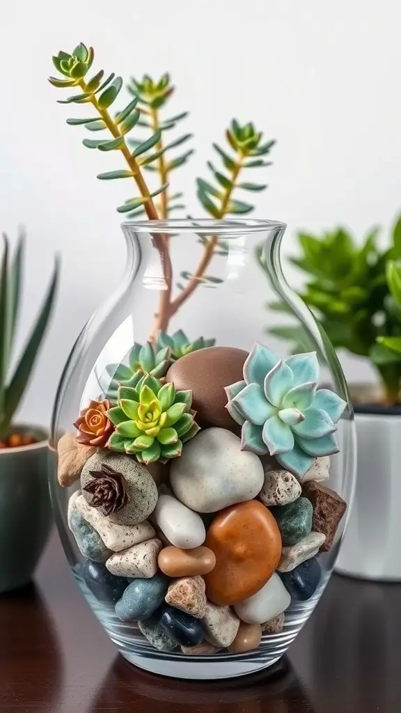 A glass vase filled with various succulents and colorful stones, showcasing a charming terrarium design.