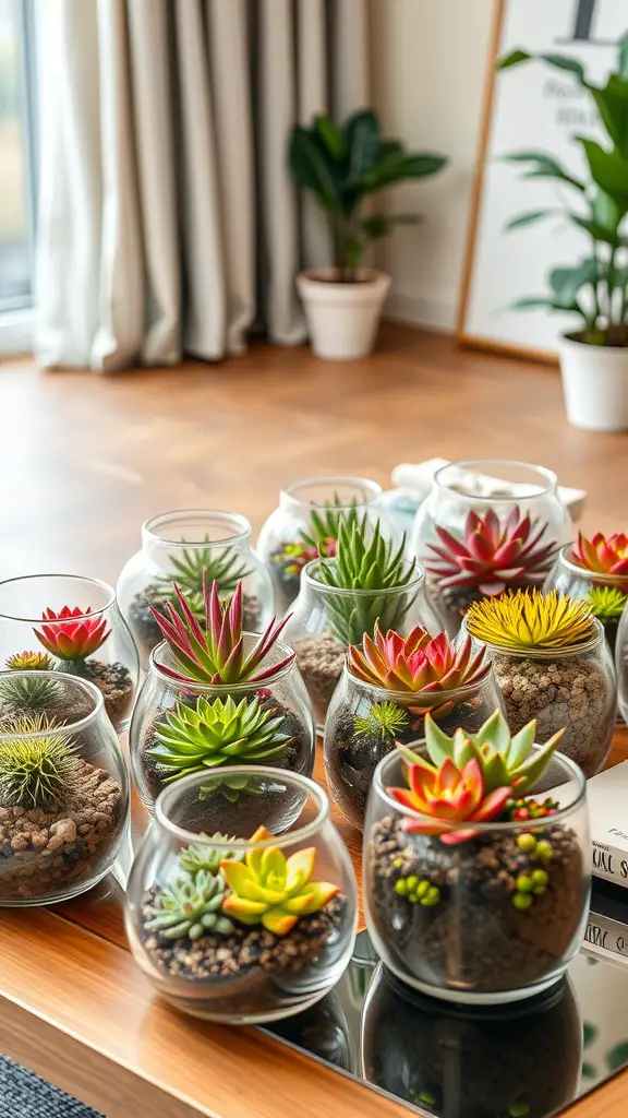 23 Bright and Cheerful Summer Decorations to Enhance Your Home 16 A collection of succulent terrariums displayed on a table, showcasing various colorful plants in glass containers.