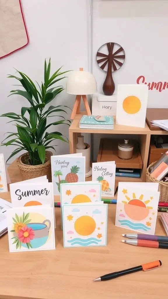 17 Fun Summer Craft Ideas for Endless Creativity 17 A display of colorful summer-themed greeting cards on a wooden table with crafting supplies.