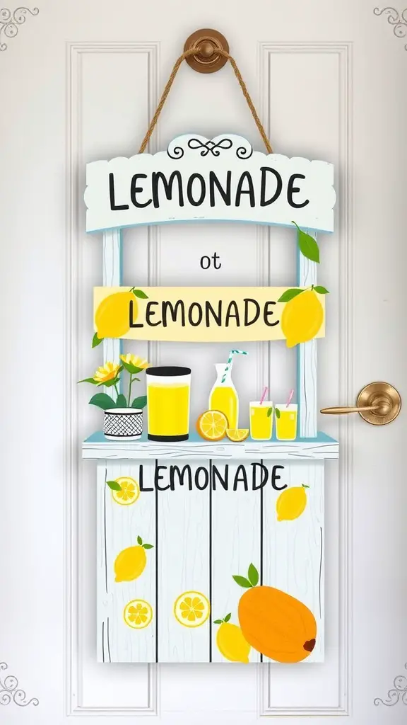 21 Creative Summer Door Hanger Ideas You’ll Love 4 A colorful door hanger featuring a lemonade stand theme with lemons and lemonade illustrations.