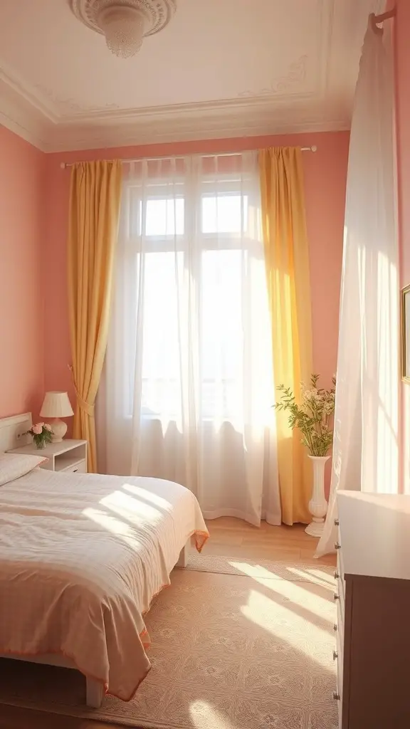 13 Summer Bedroom Aesthetic Ideas to Refresh Your Space 4 A cozy bedroom with pastel pink walls and yellow curtains, filled with sunlight.