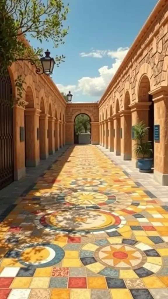 Mosaic walkway featuring sun and moon motifs with colorful tiles.