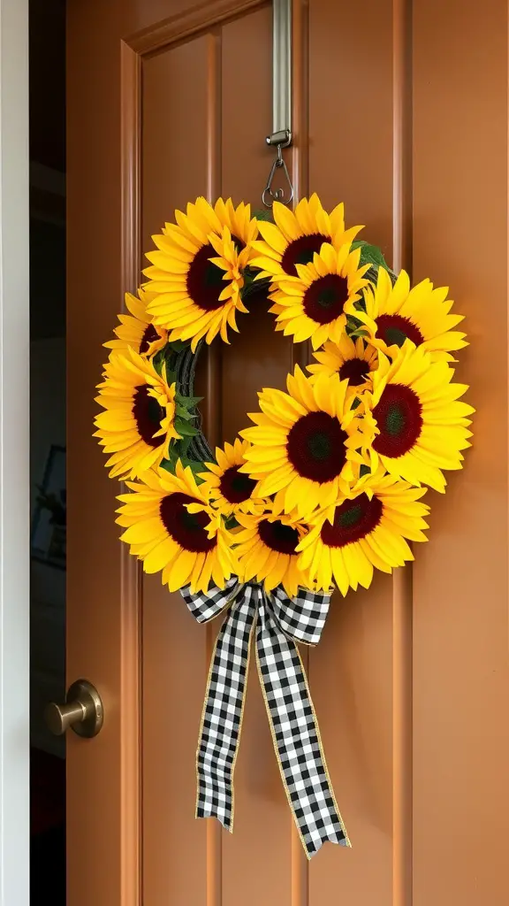35 Stunning Summer Wreath Ideas for Your Front Door 6 A wreath made of yellow sunflowers with a black and white gingham ribbon hanging on a front door.