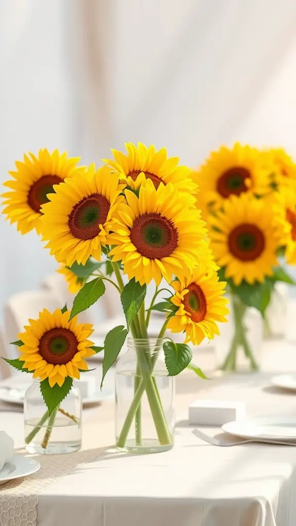 21 Creative Summer Baby Shower Ideas to Celebrate the Arrival of Baby 19 A table decorated with sunflower centerpieces in clear glass vases, featuring vibrant yellow flowers against a neutral backdrop.